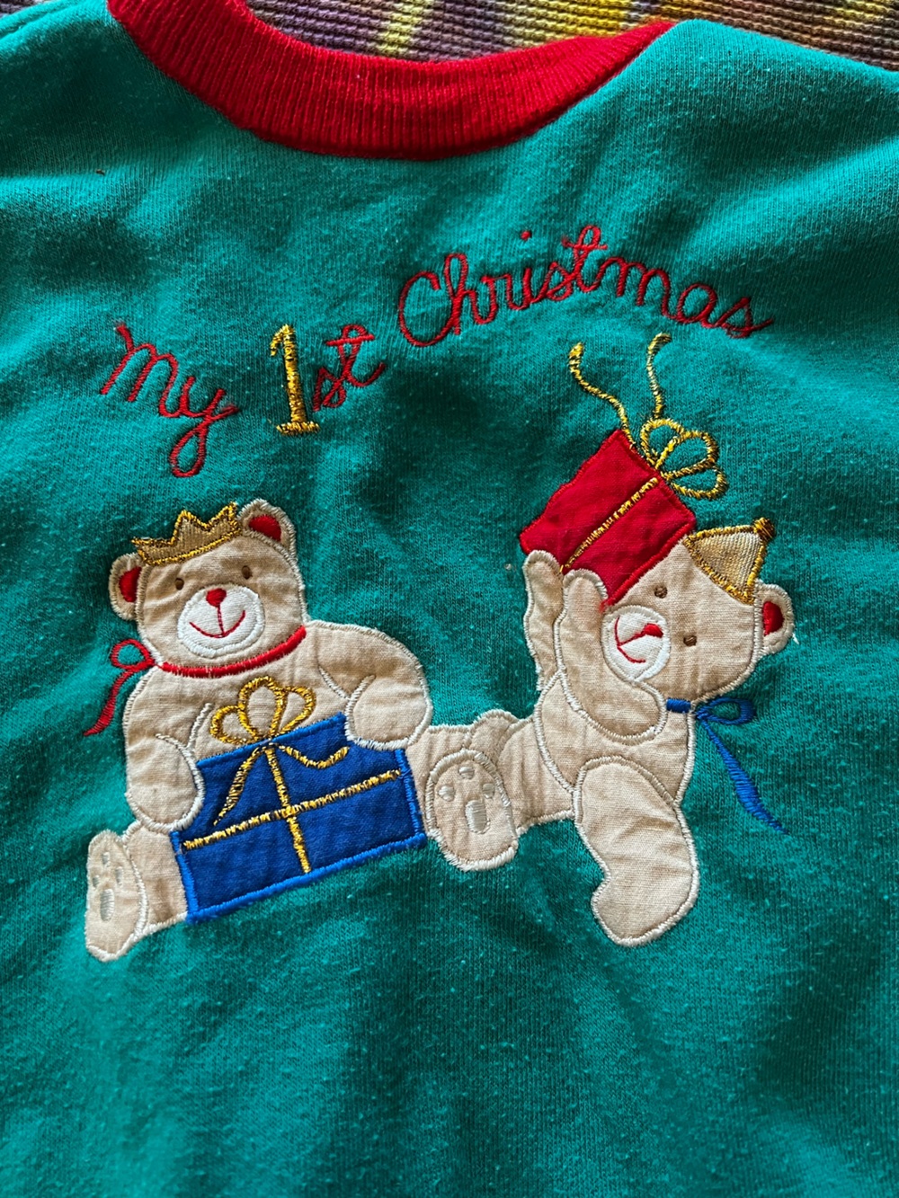 🎁 VTG 90s My 1st Christmas Bear Fleece Footie Sleeper Holiday Baby Bunting